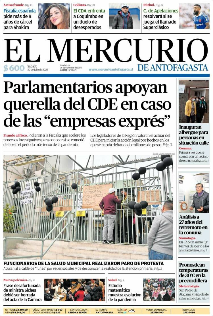 Portada de El Mercurio de Antofagasta (Chile)