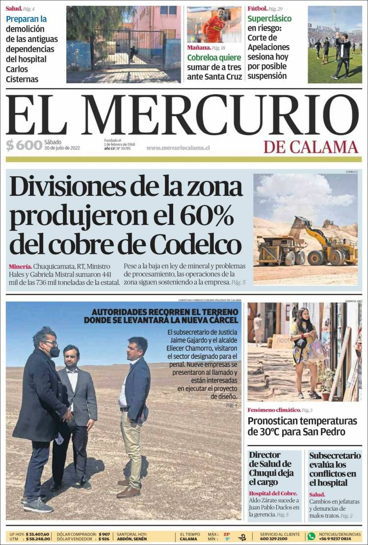 Portada de El Mercurio - Calama (Chile)