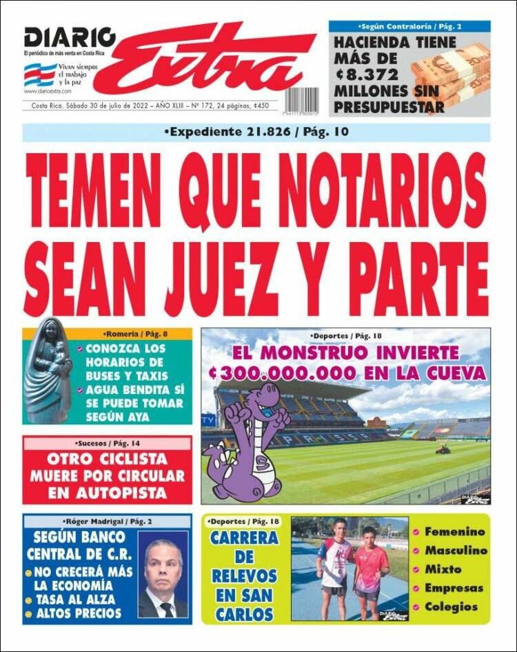 Portada de Diario Extra (Costa Rica)