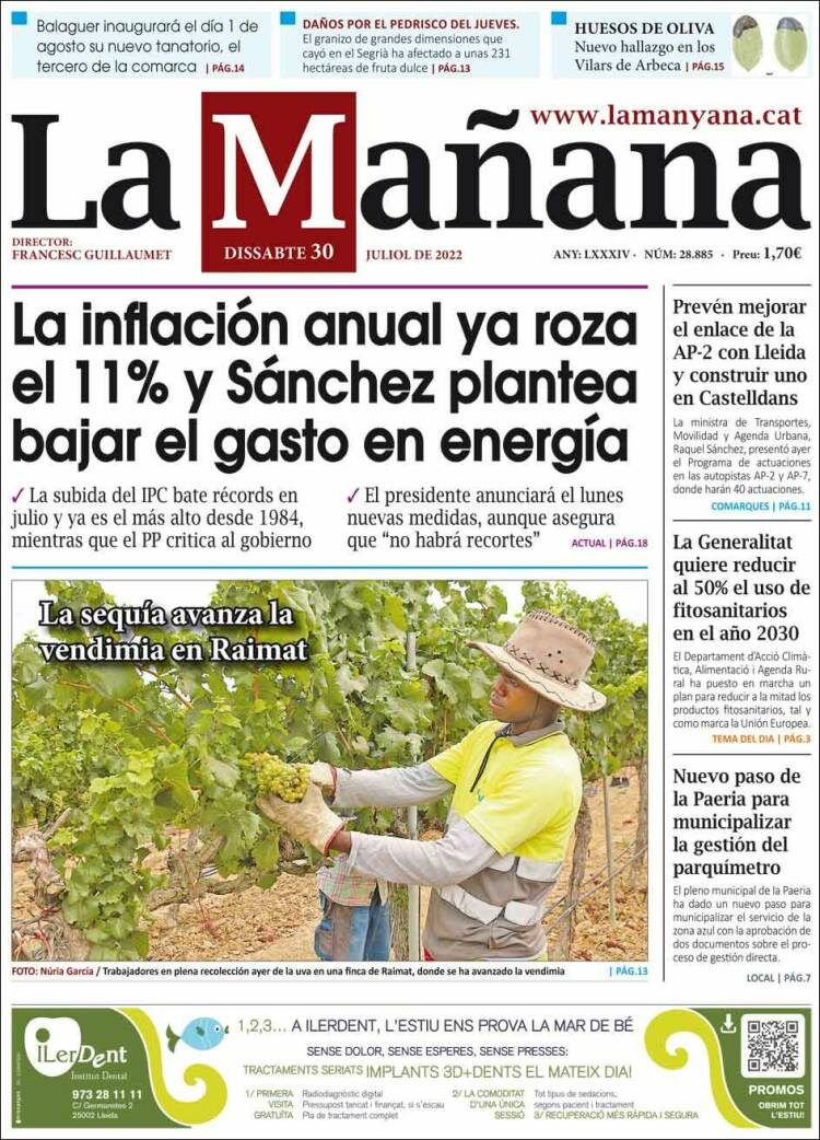 Portada de La Mañana - Diari de Ponent (España)