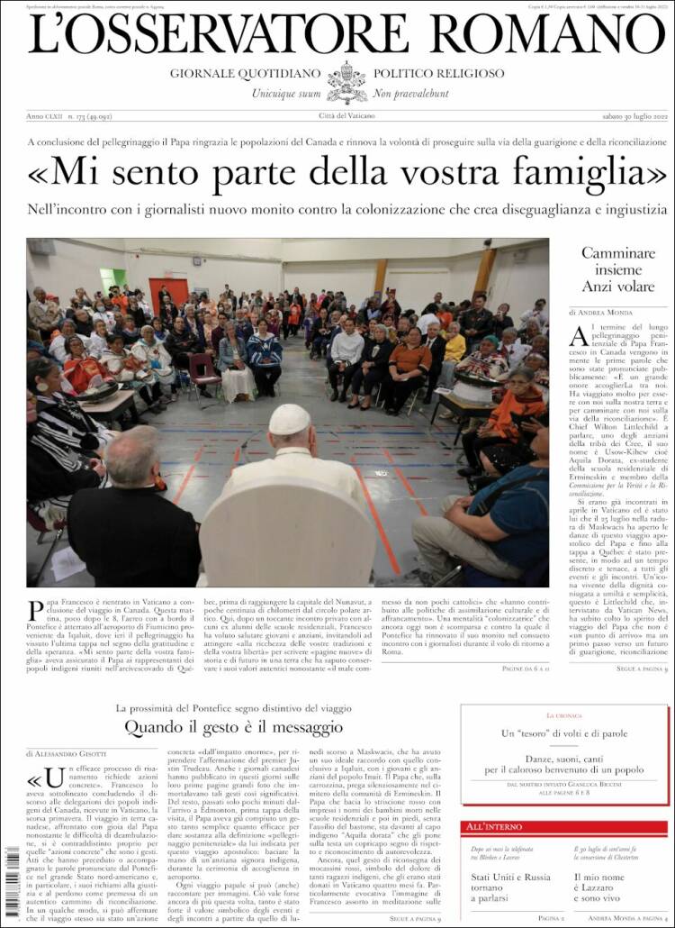 Portada de L'Osservatore Romano (Italia)