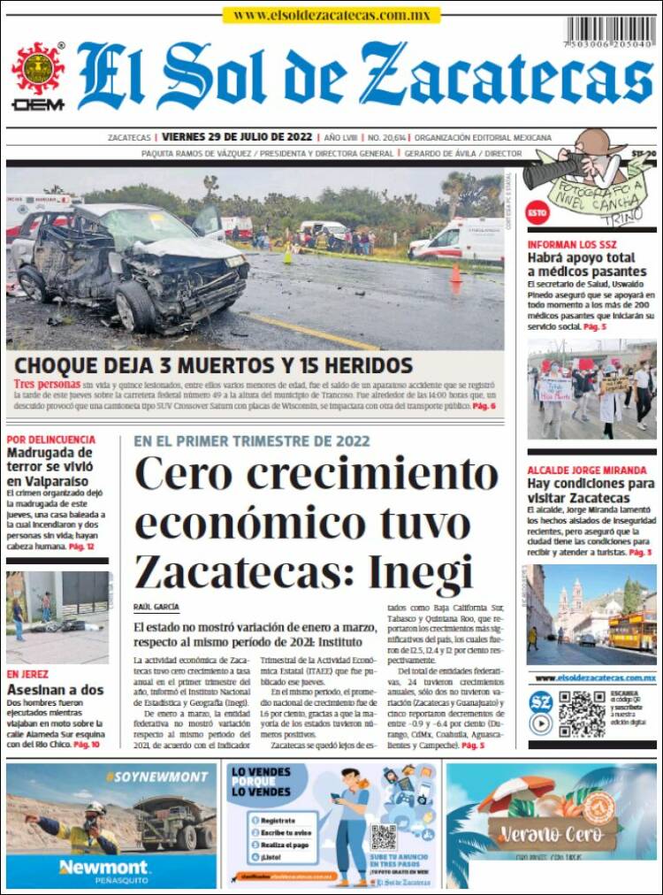 Portada de El Sol de Zacatecas (M&eacute;xico)