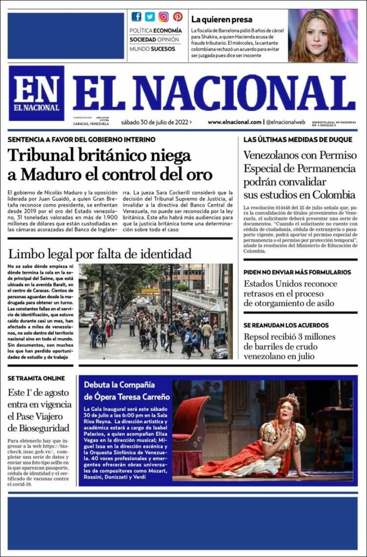 Portada de El Nacional (Venezuela)