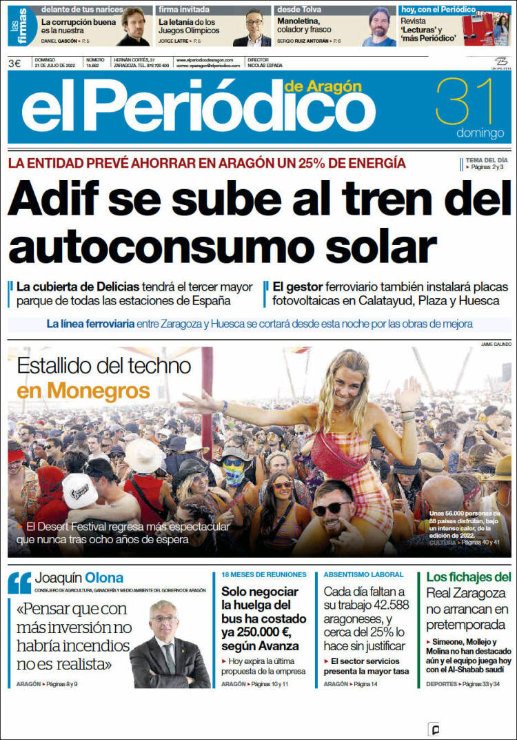 Portada de El Periódico de Aragón (España)