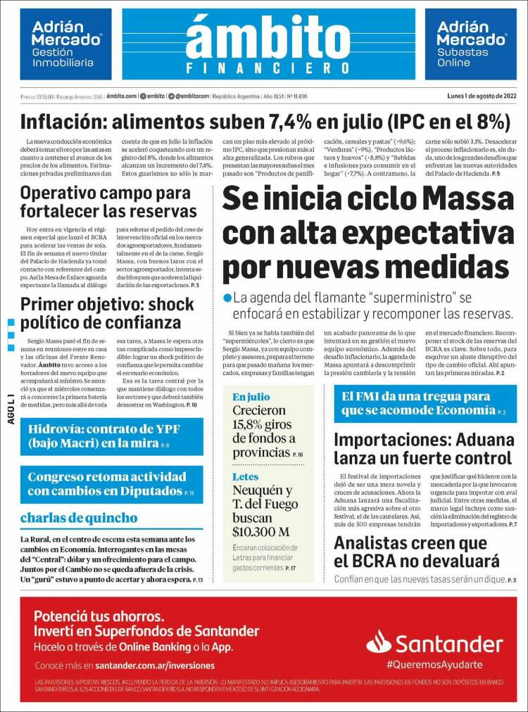 Portada de Diario Ambito Financiero (Argentina)