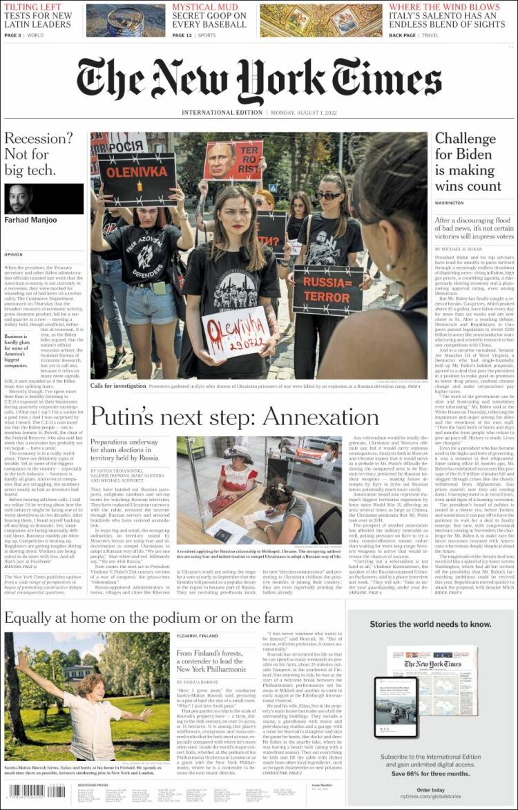 Portada de International New York Times (Europa)