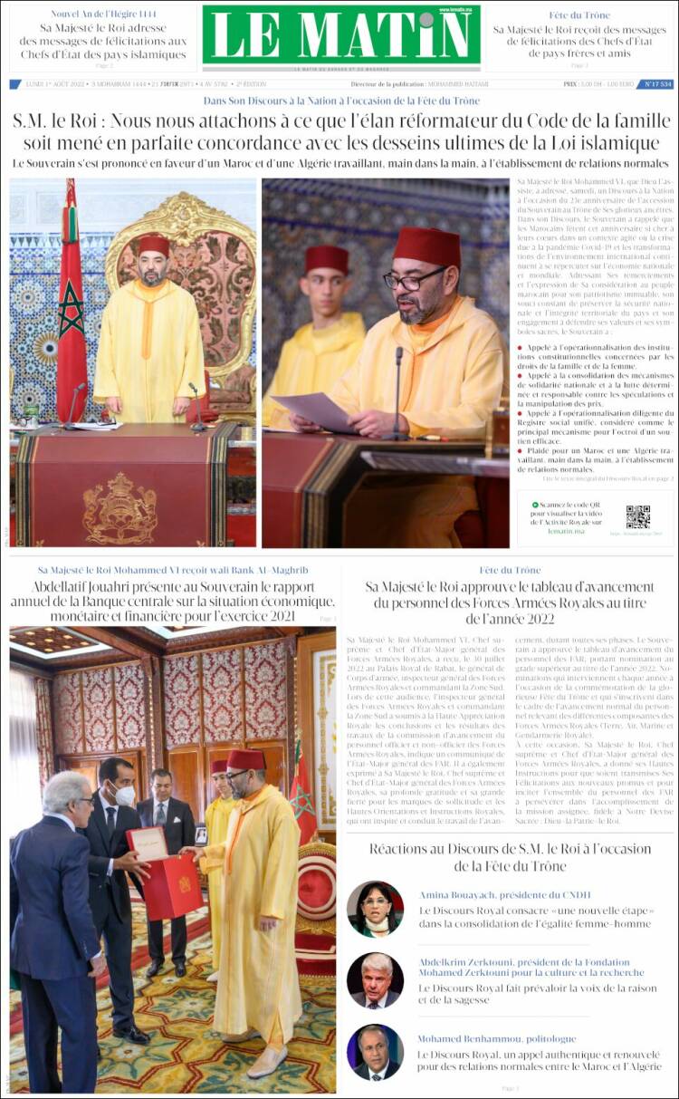 Portada de Le Matin (Marruecos)