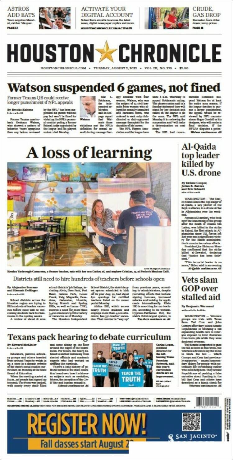 Portada de Houston Chronicle (USA)