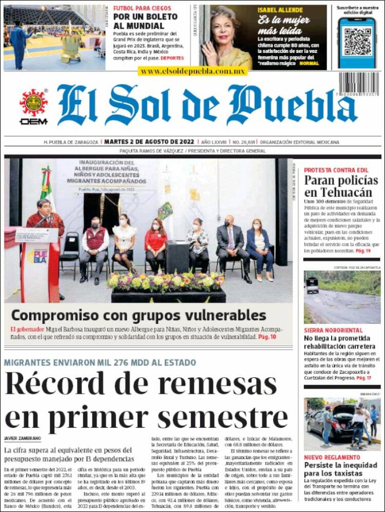 Portada de El Sol de Puebla (Mexico)