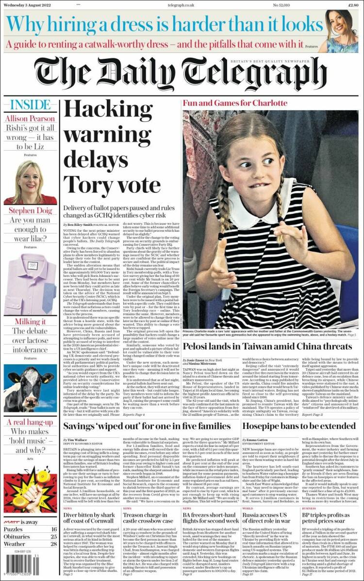 Portada de Daily Telegraph (Reino Unido)