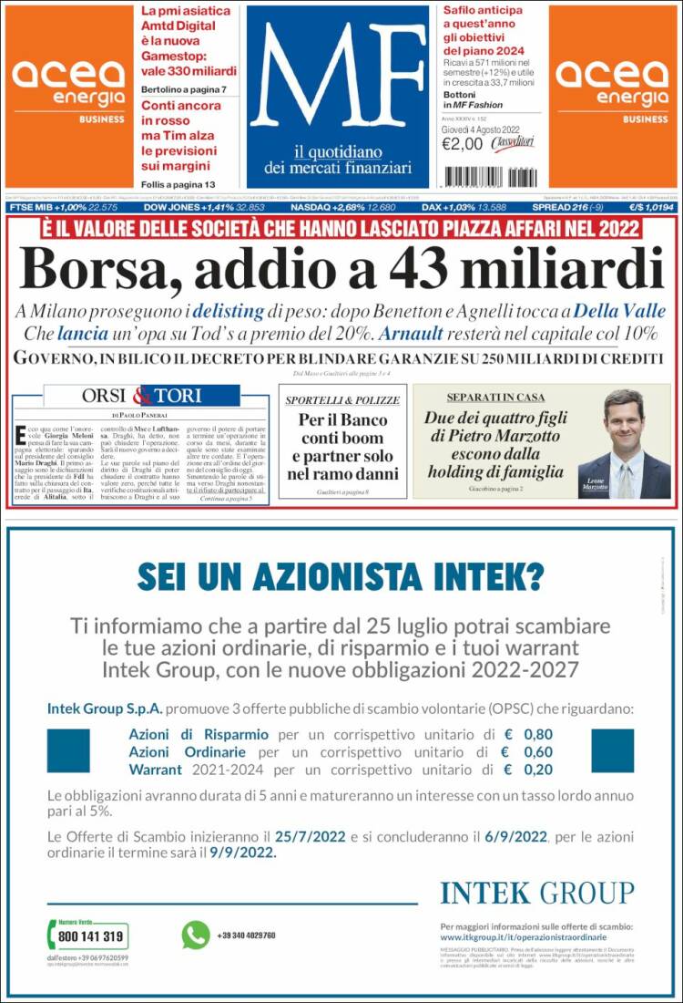 Portada de Milano Finanza (Italia)