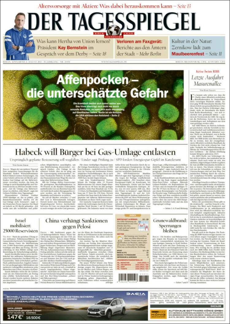 Portada de Der Tagesspiegel (Alemania)