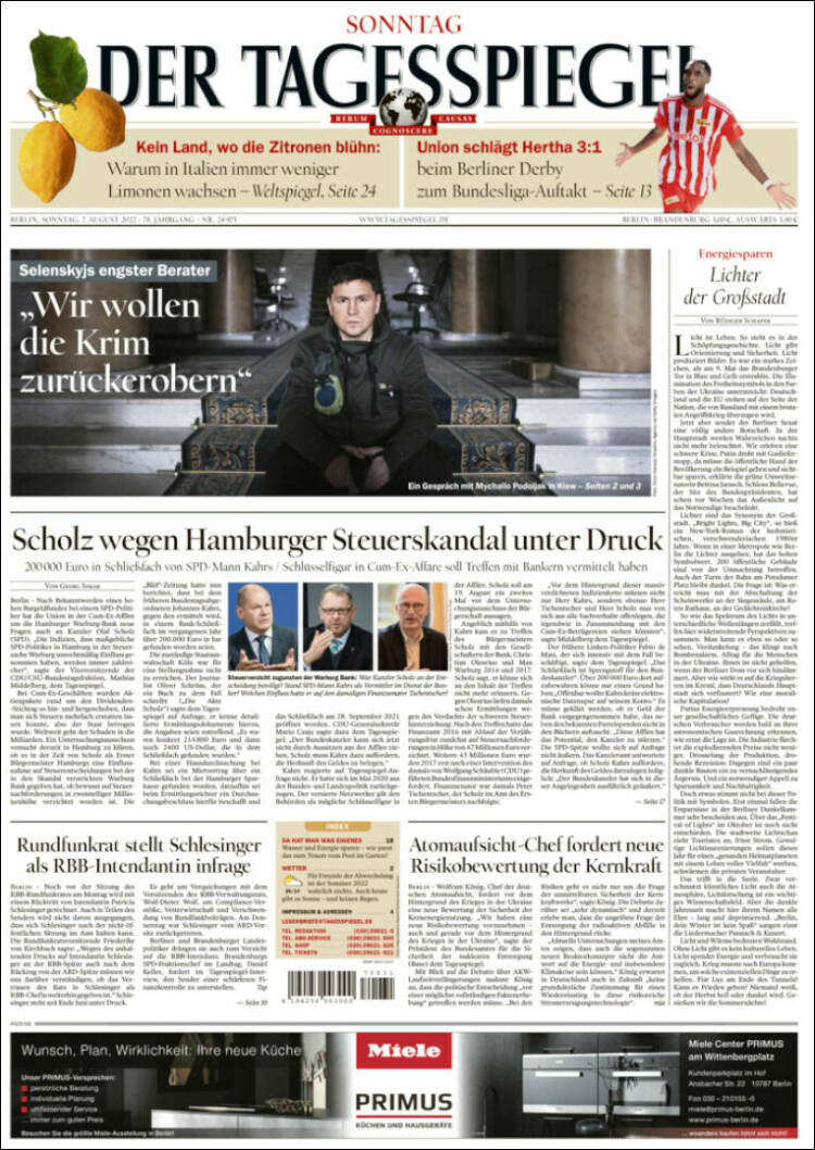 Portada de Der Tagesspiegel (Alemania)