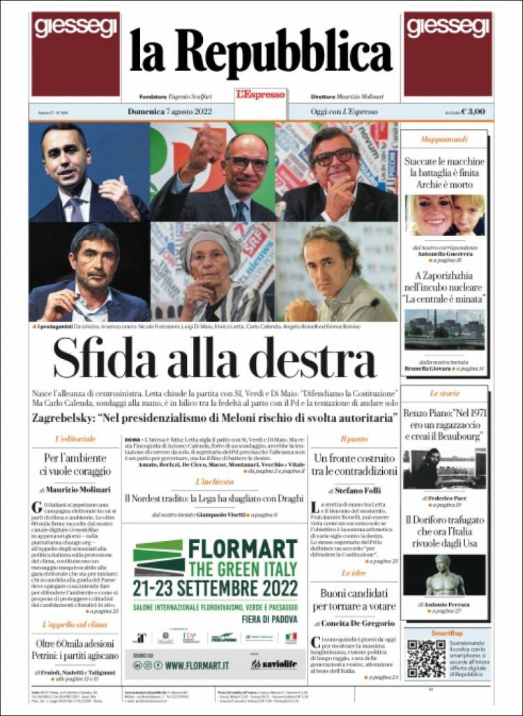 Portada de La Repubblica (Italia)