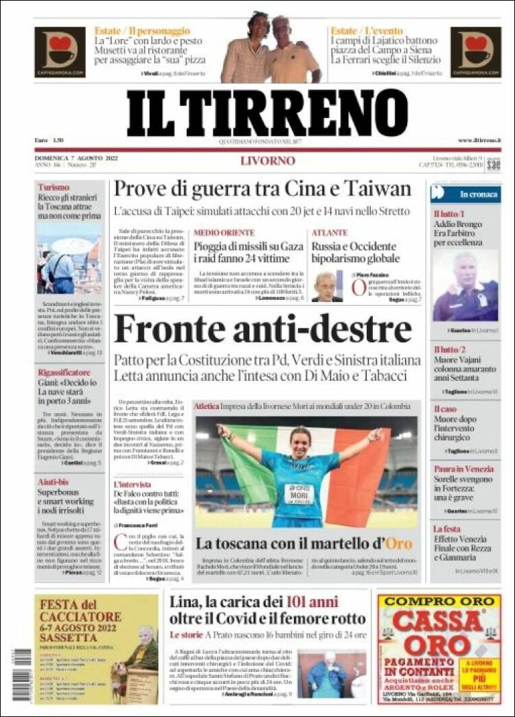 Portada de Il Tirreno (Italia)