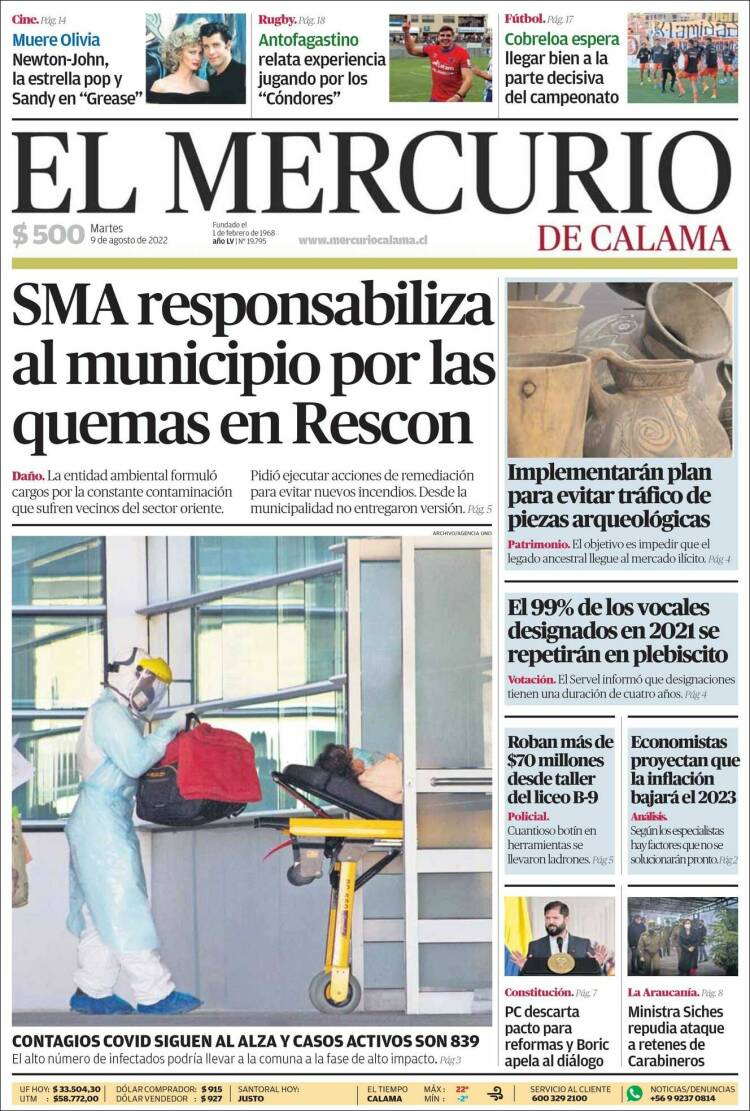 Portada de El Mercurio - Calama (Chile)