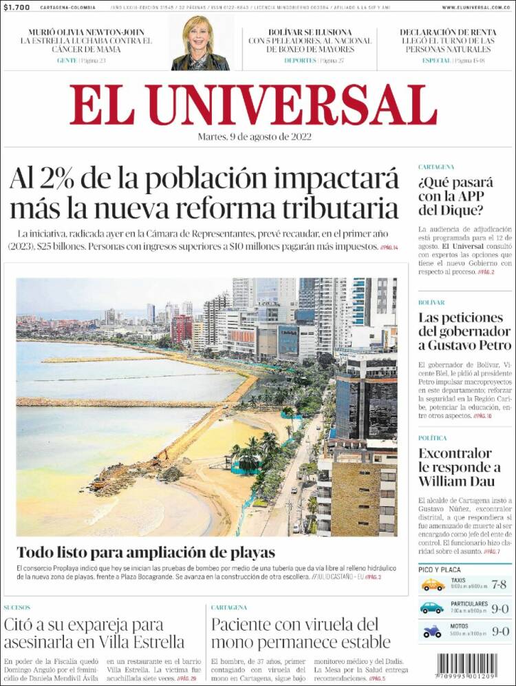 Portada de El Universal (Colombia)