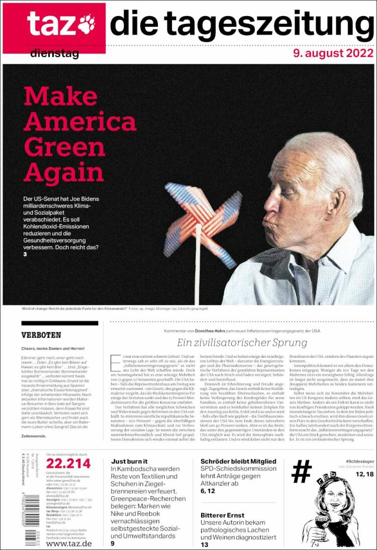 Portada de Die Tageszeitung (Alemania)