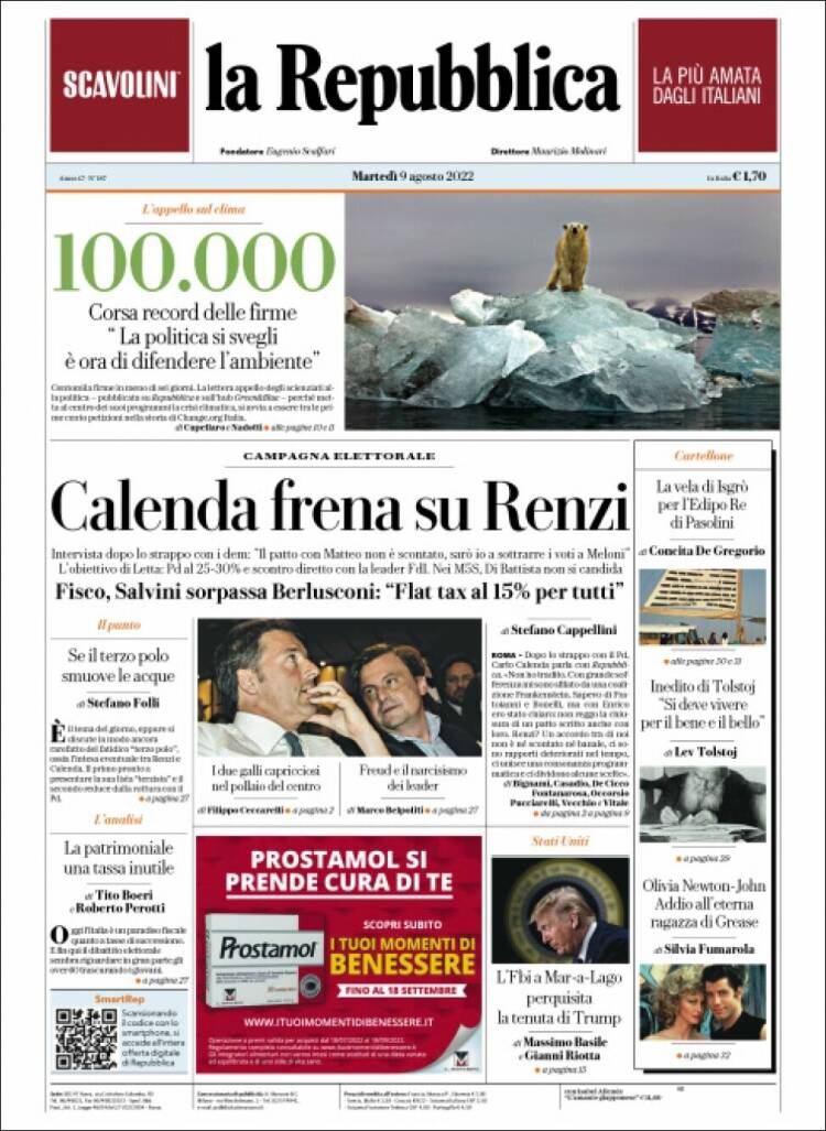 Portada de La Repubblica (Italia)