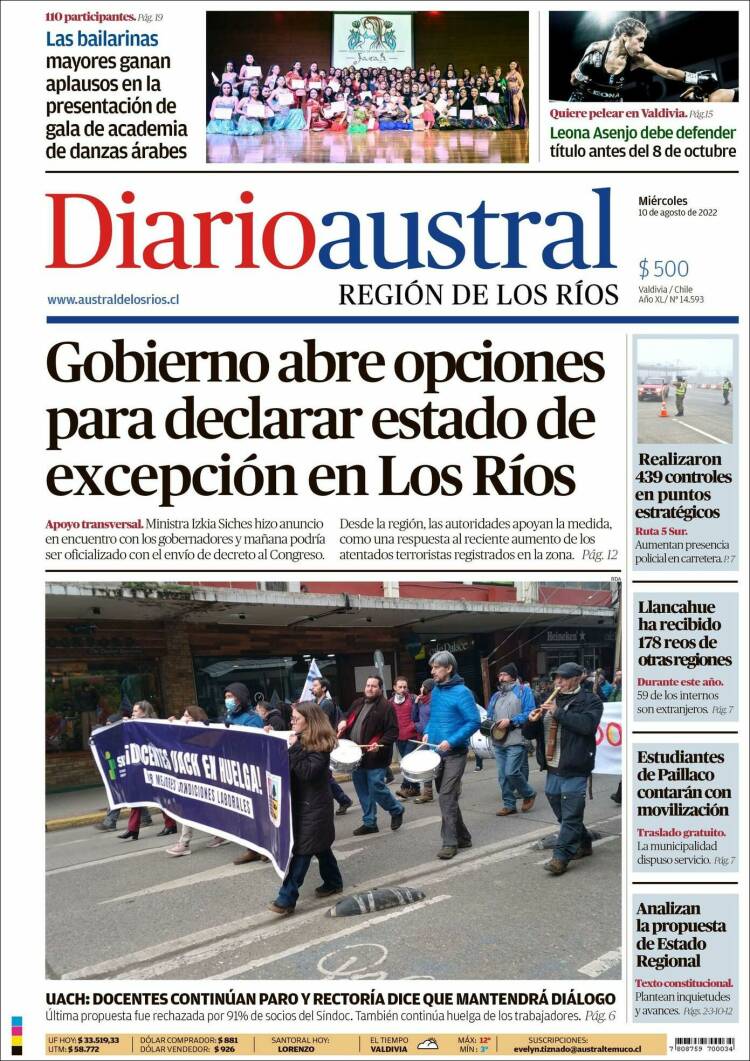 Portada de El Diario Austral de Valdivia (Chile)