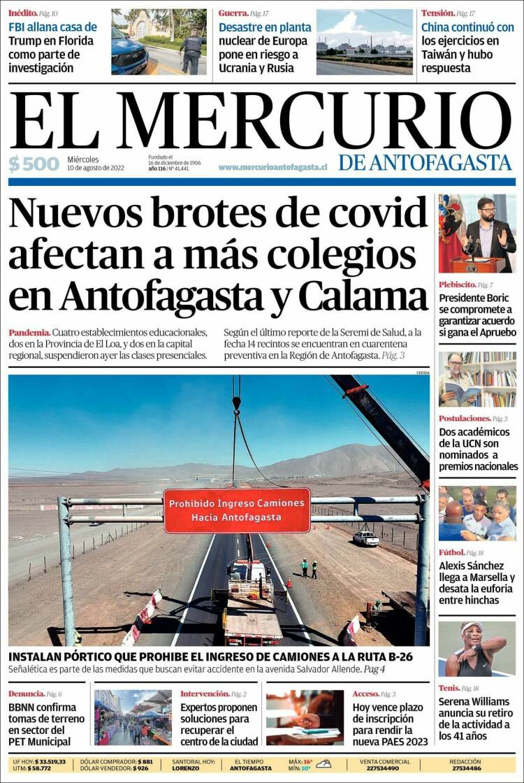 Portada de El Mercurio de Antofagasta (Chile)