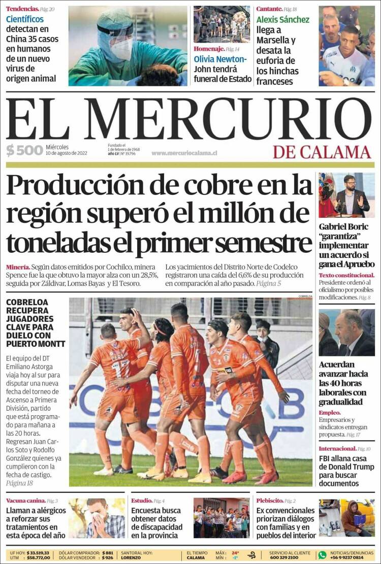 Portada de El Mercurio - Calama (Chile)