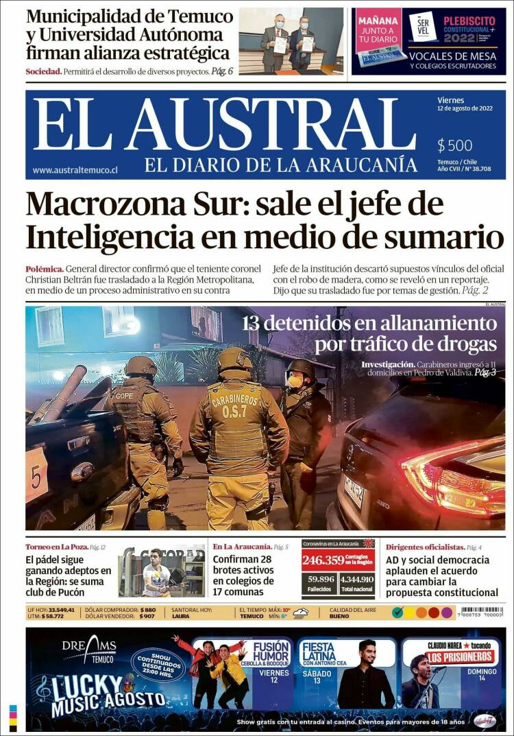 Portada de El Austral de Temuco (Chile)