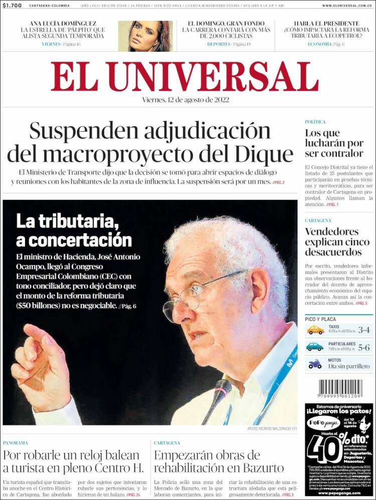 Portada de El Universal (Colombia)