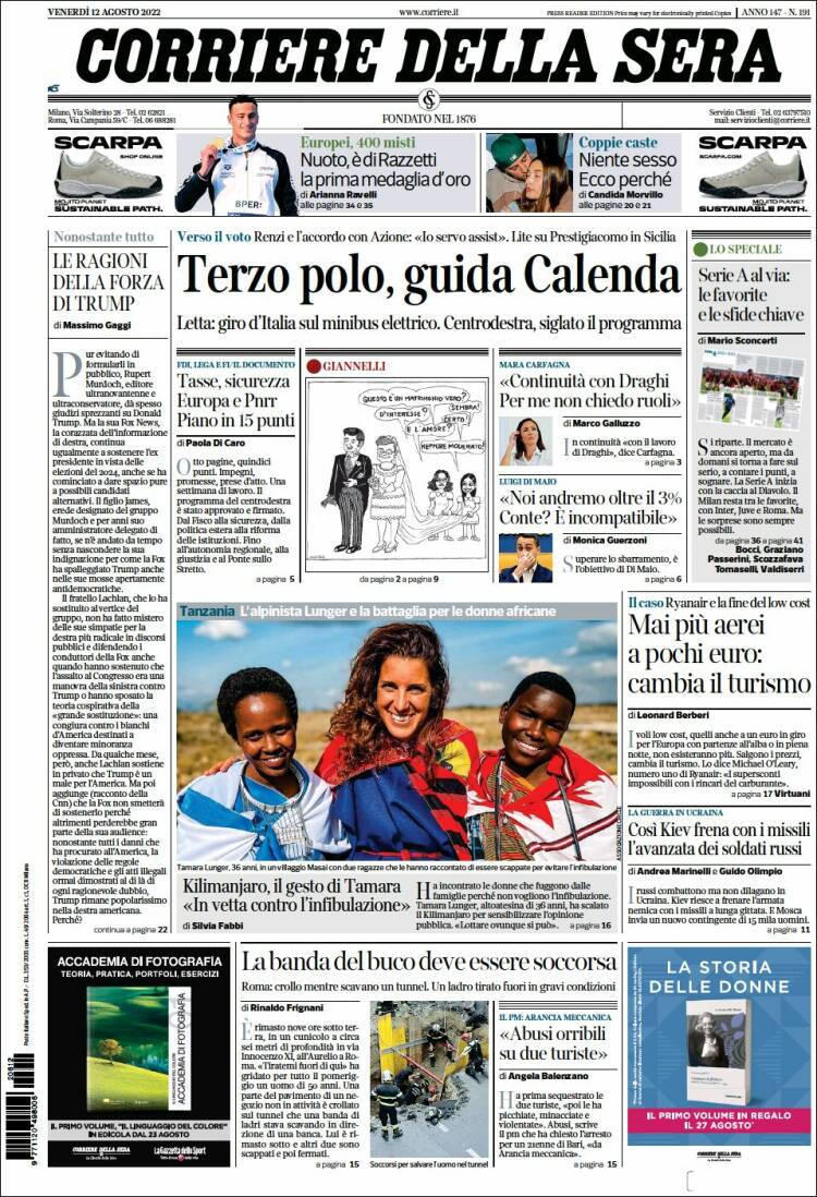 Portada de Corriere della Sera (Italia)