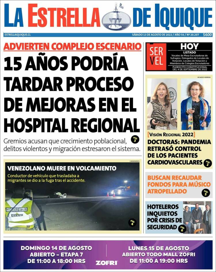 Portada de La Estrella de Iquique (Chile)