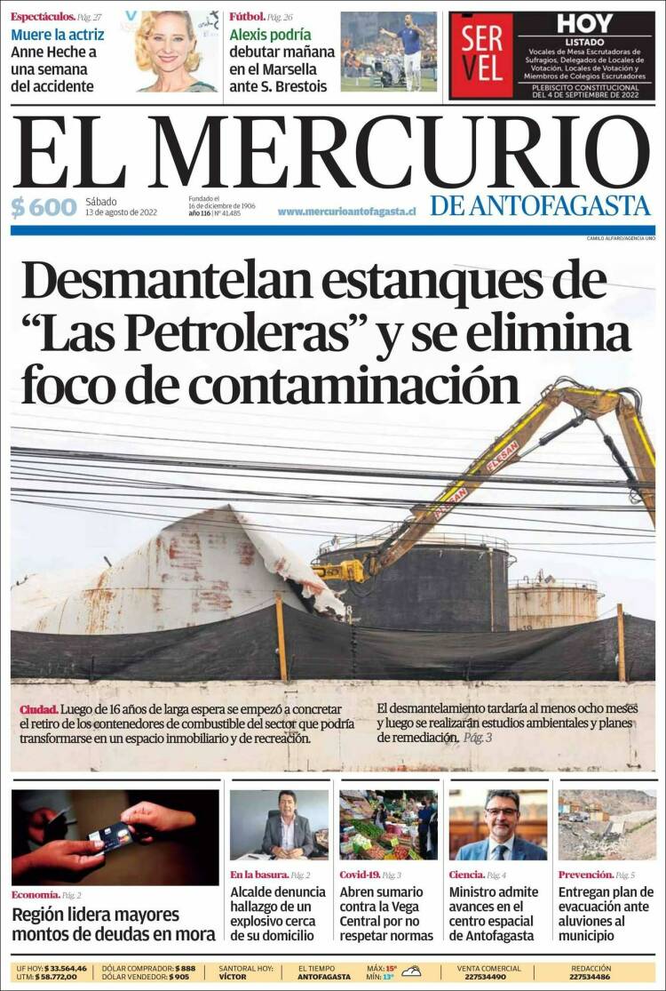 Portada de El Mercurio de Antofagasta (Chile)