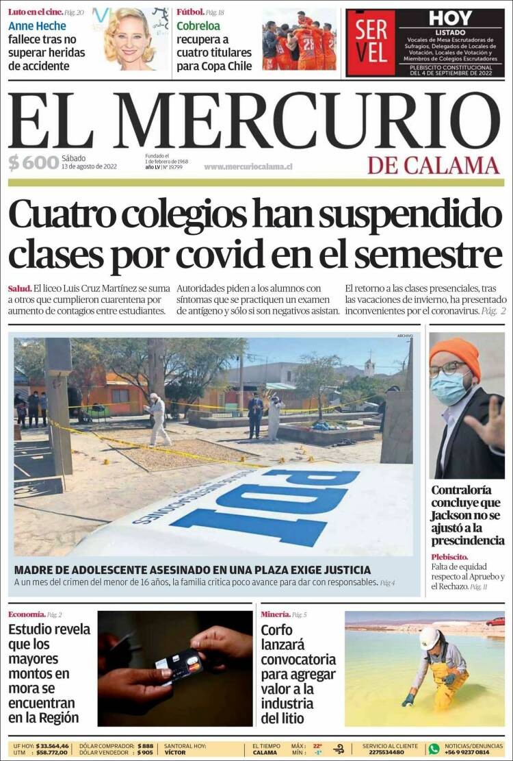 Portada de El Mercurio - Calama (Chile)