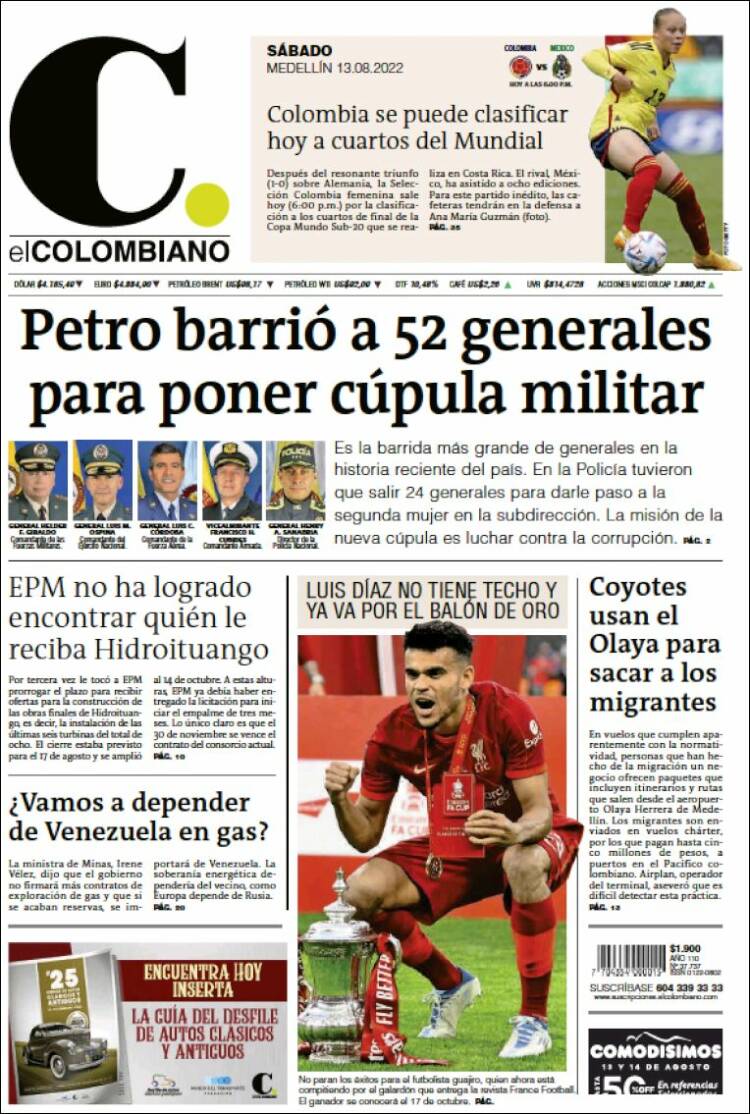 Portada de El Colombiano (Colombia)