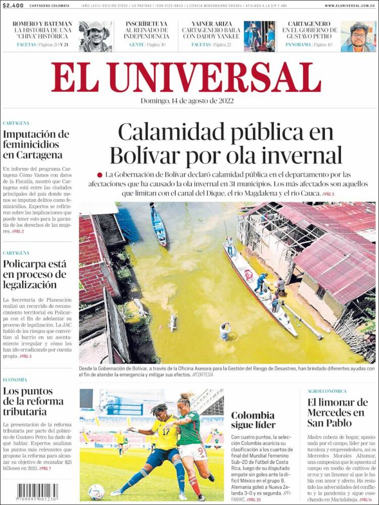 Portada de El Universal (Colombia)