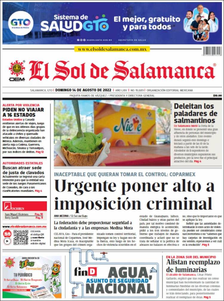 Portada de El Sol de Salamanca (México)