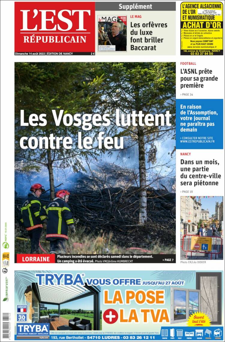 Portada de L'Est Republicain (Francia)