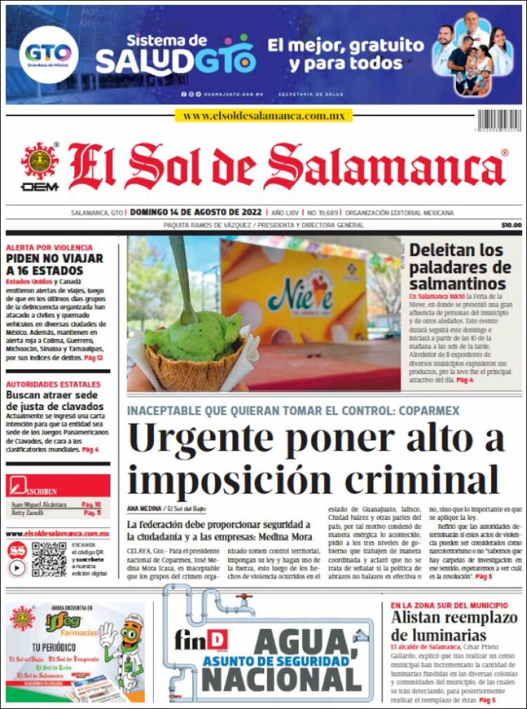 Portada de El Sol de Salamanca (M&eacute;xico)