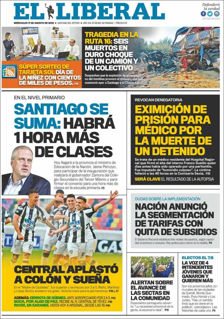 Portada de Diario El Liberal (Argentina)