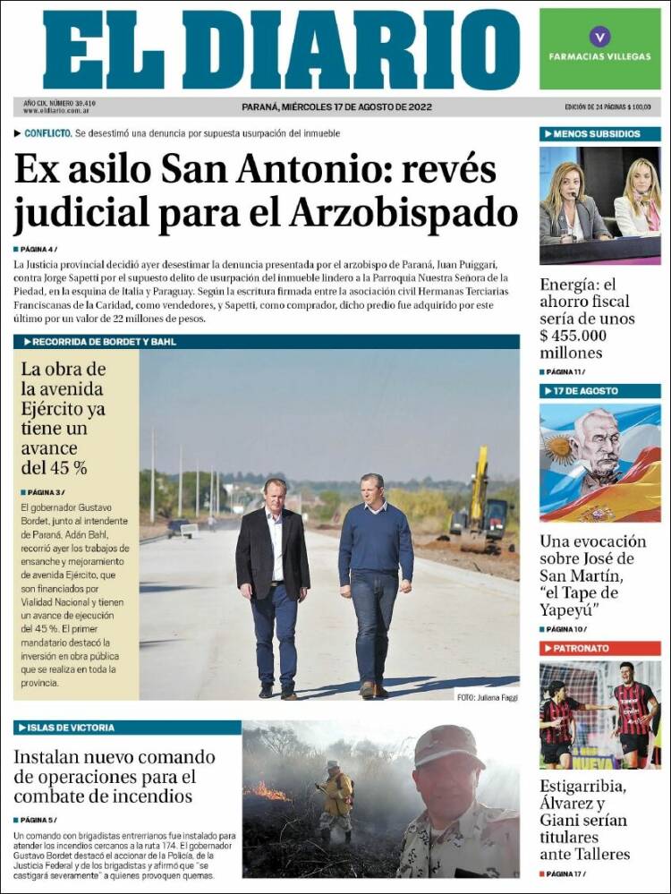 Portada de El Diario de Paraná (Argentina)