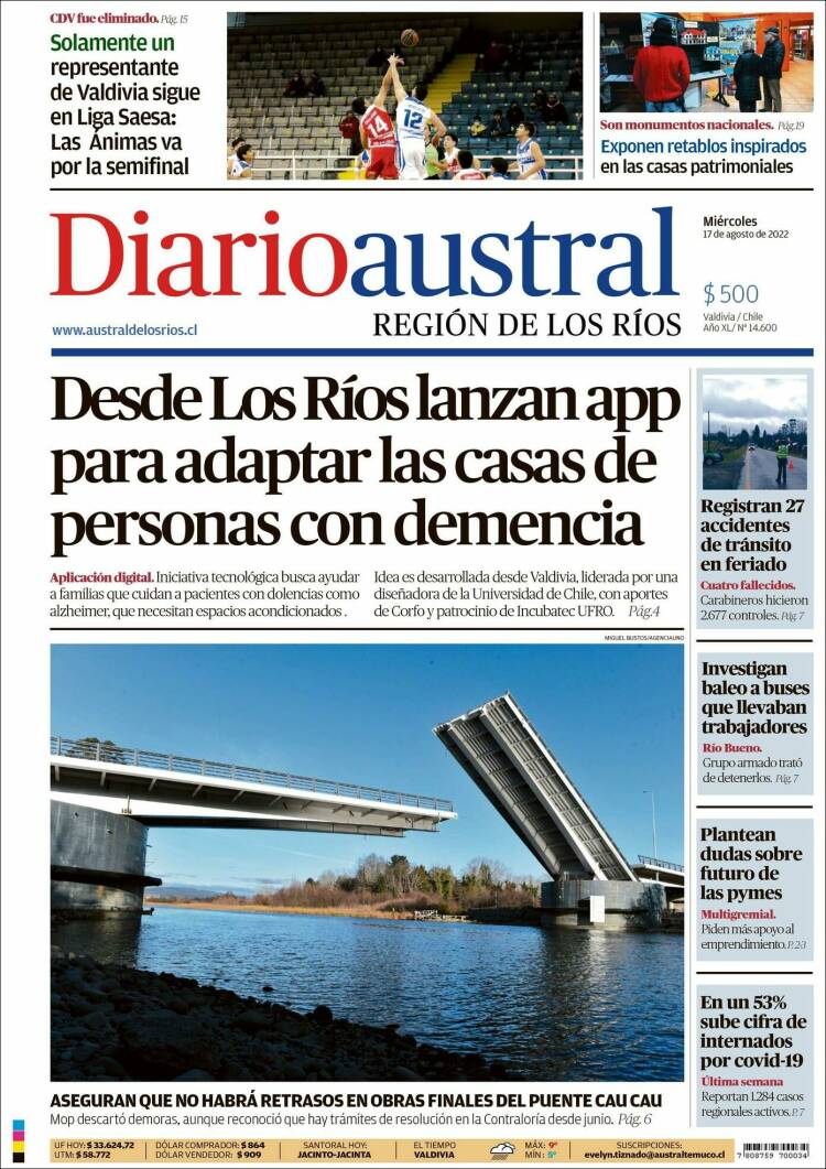 Portada de El Diario Austral de Valdivia (Chile)