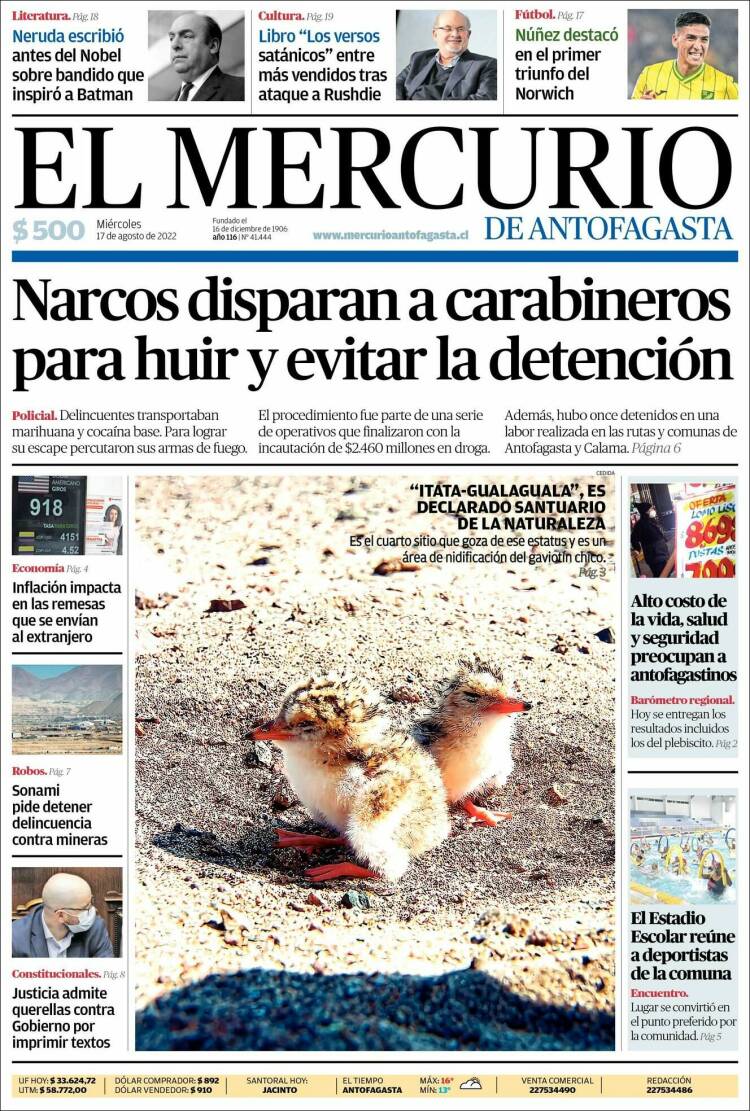 Portada de El Mercurio de Antofagasta (Chile)