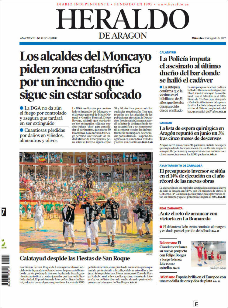 Portada de Heraldo de Aragón (España)