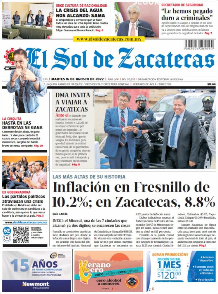 Portada de El Sol de Zacatecas (México)