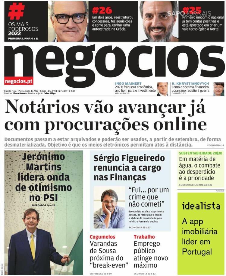 Portada de Jornal de Negócios (Portugal)