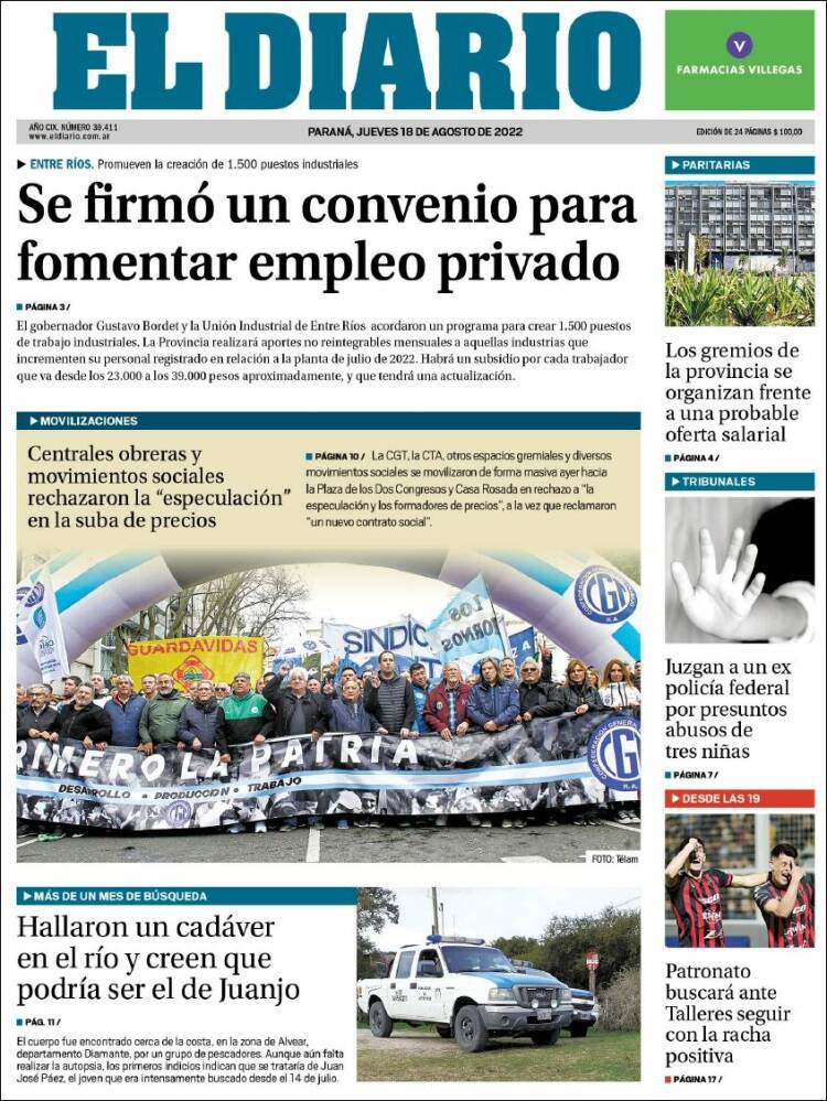 Portada de El Diario de Paraná (Argentina)
