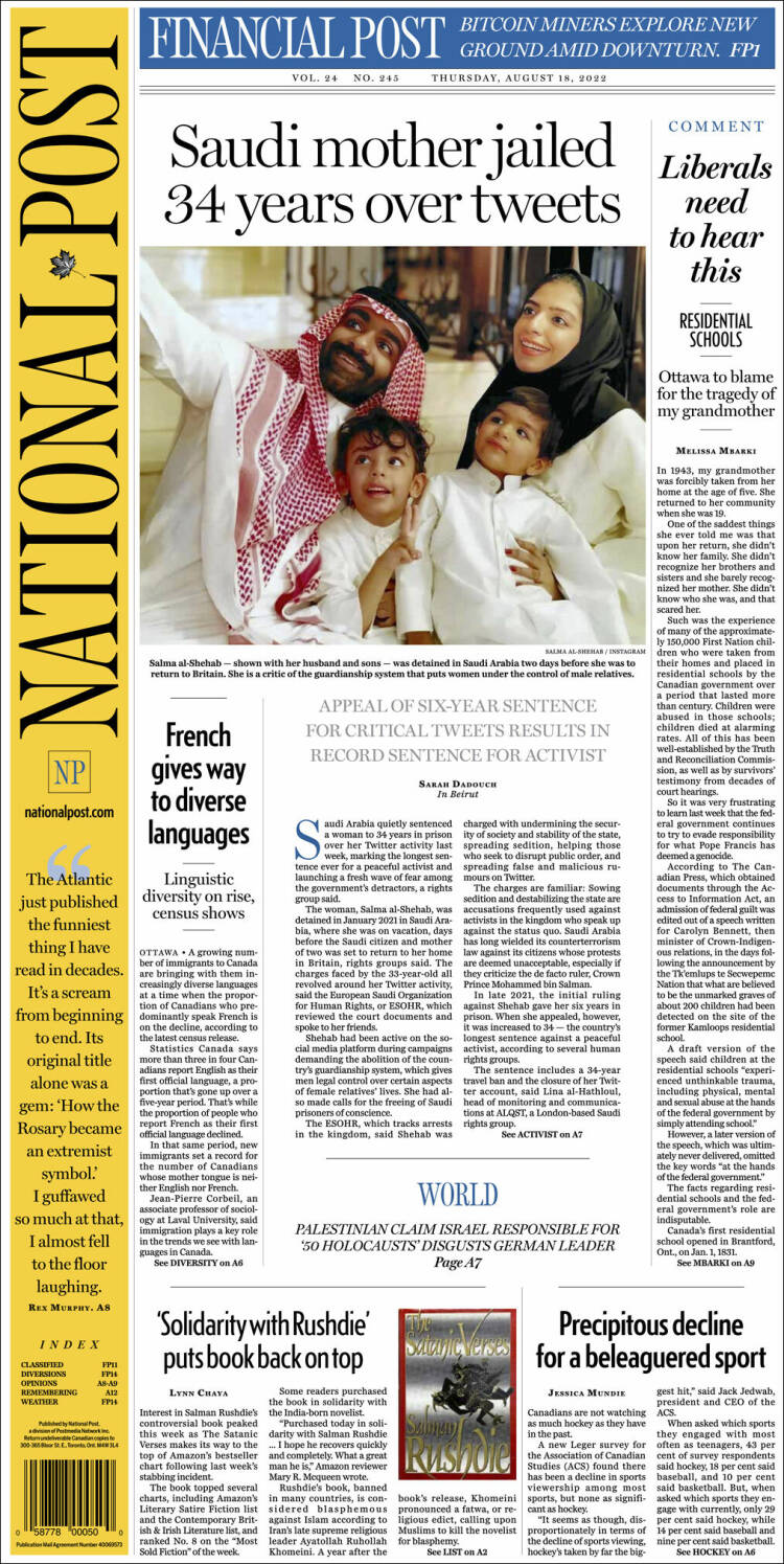 Portada de The National Post (Canadá)