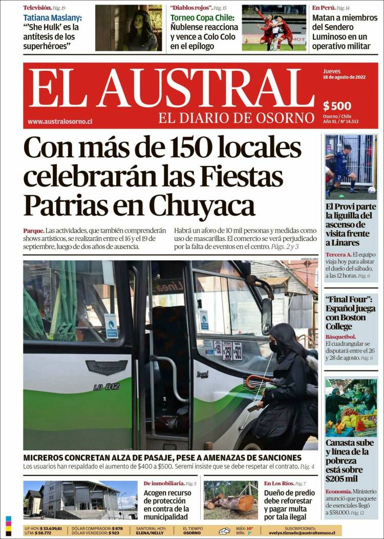 Portada de El Austral de Osorno (Chile)