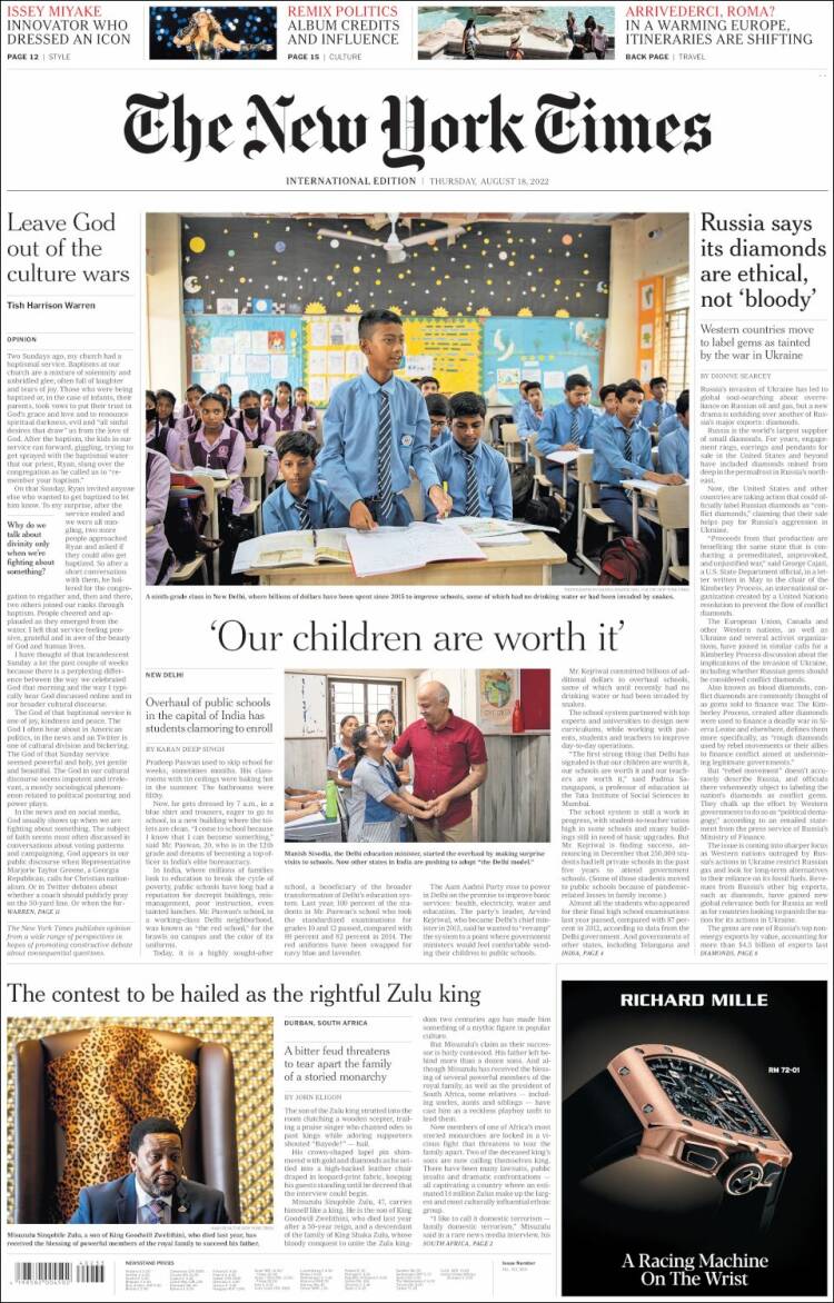 Portada de International New York Times (Europa)