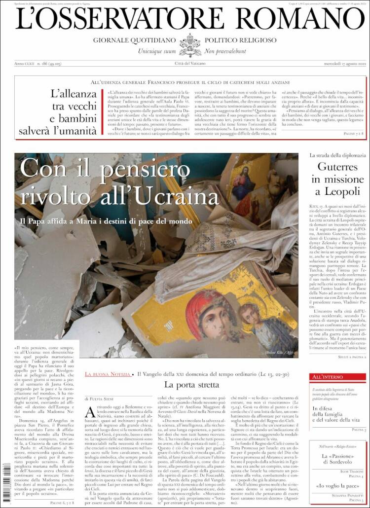 Portada de L'Osservatore Romano (Italia)