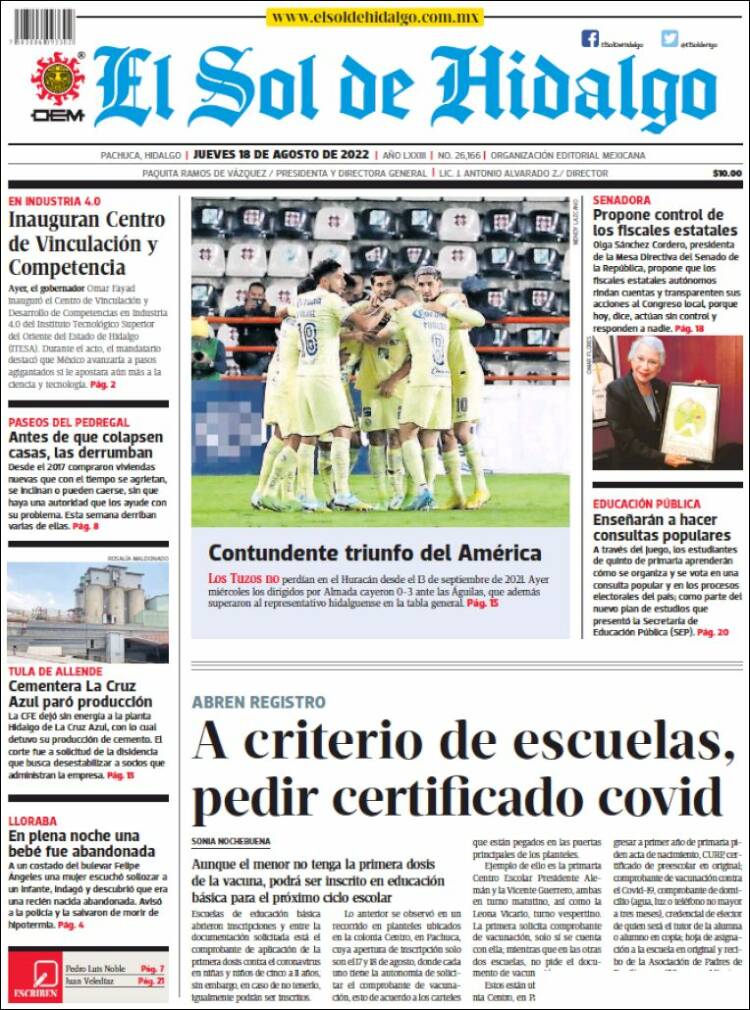 Portada de El Sol de Hidalgo (M&eacute;xico)